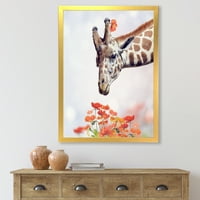Designart 'Portretul unei girafe cu flori portocalii' fermă încadrată Art Print