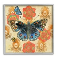 Stupell Butterfly Damasc Forme Florale Animale & Insecte Pictura Gri Înrămate Arta Imprimare Arta De Perete
