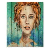 Designart 'o față de femeie cu păr roșu și ochi verzi' Imprimeu Modern pe lemn Natural de pin