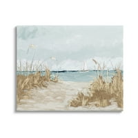 Stupell Industries Sandy Beach Walkway Bărci cu pânze îndepărtate plutitoare Galerie de pictură pe mare învelită pânză imprimată