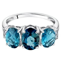 Oravo 2. ct formă ovală London Blue Topaz și diamant inel din trei pietre din Aur Alb de 14k