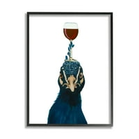 Stupell Industries Quirky blue Peacock Balancing pahar de vin pe cap picturi Black Framed Art Print Wall Art, 11x14