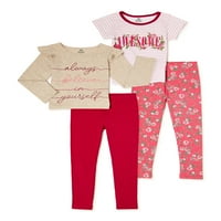 Tricouri grafice Cu mânecă cu volane pentru fete din catifea roz și set de jambiere Yummy imprimate, 4 Piese, dimensiuni 4-12