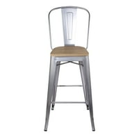 Design Group Bar înălțime scaune metalice cu spate înalt cu scaun din lemn deschis, argintiu, Set 2