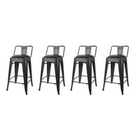 Design Group Counter înălțime scaune metalice cu spate scăzut cu scaun din piele vegană, negru, Set de 4