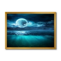 Designart 'lună romantică și nori peste Deep Blue Sea II' imprimare de artă încadrată nautică și de coastă