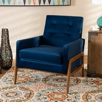 Baxton Studio Perris Mid-Century Modern Bleumarin catifea tesatura tapițate și nuc maro terminat Lemn Lounge scaun