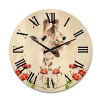 Designart 'Portretul unei girafe cu flori roșii I' ceas de perete din lemn de fermă