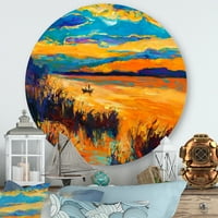 Designart 'little Boat la orizontul unui lac în timpul Evening Glow' Nautical & Coastal Circle Metal Wall Art-Disc de 23