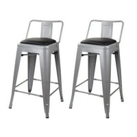 Design Group Counter înălțime scaune metalice cu spate scăzut cu scaun din piele vegană, Gri, Set de 2