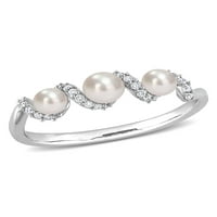 În formă de buton de Cultură perle de Apă Dulce și carate T. W. rotund tăiat diamant 14kt Aur Alb 3-piatră Swirl Vintage inel